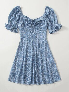 Ditsy Floral Drawstring Front Puff Sleeve Dress